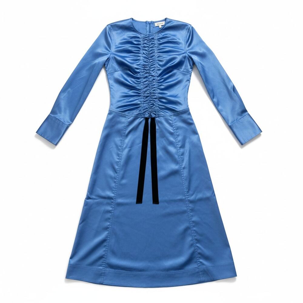 Ganni Ruched Blue Satin Midi Dress Size 32